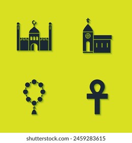 Set Muslim Mosque, Cross ankh, Rosary beads religion and Church building icon. Vector