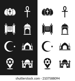 Set Muslim Mosque, Decree, paper, parchment, scroll, Easter egg, Cross ankh, Star and crescent, Hindu spiritual temple,  and of David icon. Vector