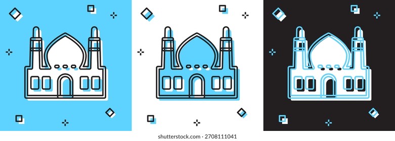 Conjunto de icono de mezquita musulmana aislado en azul y blanco, fondo negro.  Vector