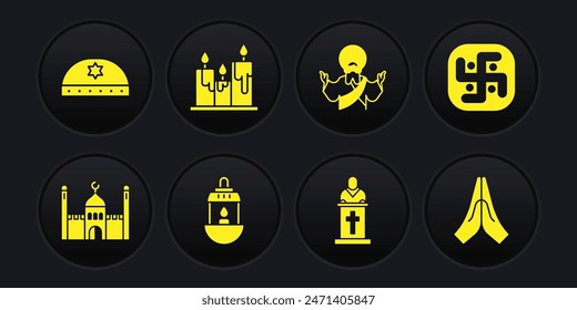 Set Muslim Mosque, Jainism, Ramadan Kareem lantern, Church pastor preaching, Jesus Christ, Burning candles, Hands praying position and Jewish kippah with star of david icon. Vector