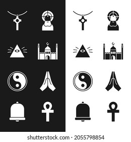 Set Muslim Mosque, Masons, Christian cross chain, Jesus, Yin Yang, Hands praying position, Cross ankh and Church bell icon. Vector