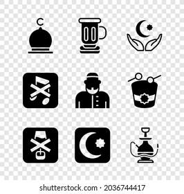 Set Muslim Mosque, Medieval goblet, Star and crescent, No alcohol, Hookah, Speaker mute and man icon. Vector