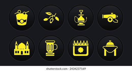 Set Muslim Mosque, Ramadan cannon, Medieval goblet, calendar, Hookah, Date fruit, Table food and drum icon. Vector