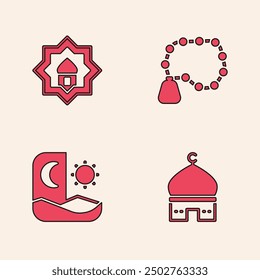 Set Muslim Mosque, , Rosary beads religion and Ramadan fasting icon. Vector