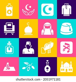 Set Muslim Mosque, Speaker mute, Turkish hat, Star and crescent, Holy book of Koran, Bottle water and woman in niqab icon. Vector