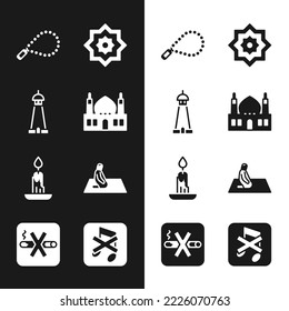 Set Muslim Mosque, tower or minaret, Rosary beads religion, Octagonal star, Burning candle, man prays, Speaker mute and No Smoking icon. Vector