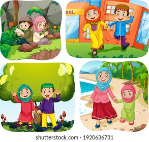 Set of muslim people cartoon character in different scene illustration