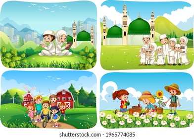 Set of muslim people cartoon character in different scene illustration