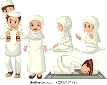 Set of muslim people cartoon character illustration