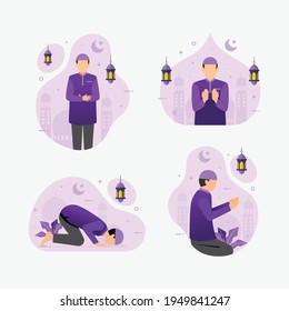 Set of Muslim people praying in traditional clothing with ramadan celebration vector illustration