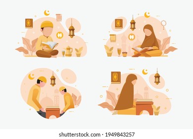 Conjunto de musulmanes leyendo y aprendiendo el concepto de diseño de libros sagrados quran ilustración vectorial