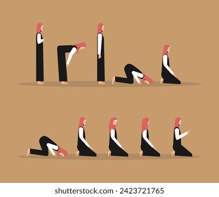 Set of Muslim Prayer Position Guide Step by Step Perform by a woman flat 2d vector illustration