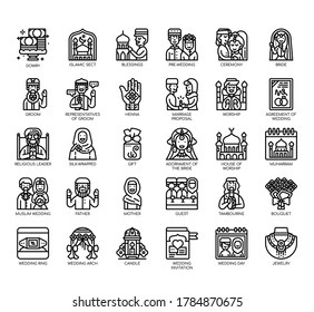 Set of muslim wedding thin line and pixel perfect icons for any web and app project. 