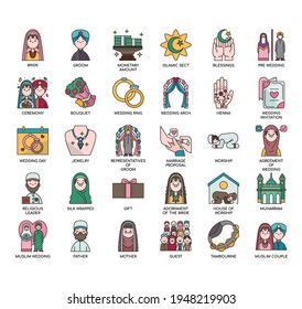 Set of muslim wedding thin line and pixel perfect icons for any web and app project. 