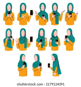 Set Of Muslim Woman Character Holding Phone