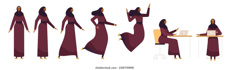 Set of a Muslim woman in different poses. Female character for your design project, animation. Vector trendy illustration, flat style. White background, isolated. Girl walk, stand, run, jump, sit