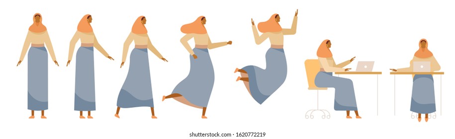 Set of a Muslim woman in different poses. Female character for your design project, animation. Vector trendy illustration, flat style. White background, isolated. Girl walk, stand, run, jump, sit