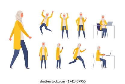 Conjunto de mujeres musulmanas en diferentes poses. Juego de diseño de personajes de trabajo de una mujer de negocios. Ilustración vectorial en estilo plano.