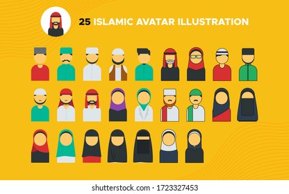 Set of Muslim woman and man avatar in flat style. Girl in hijab illustration. Islamic icon collection.