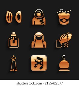 Set Muslim woman in niqab, Speaker mute, Mosque, Hands praying position, tower or minaret, Perfume, Ramadan drum and Date fruit icon. Vector