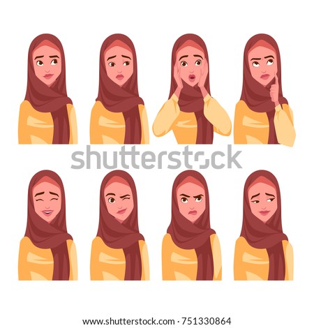 Set of Muslim woman's emotions. Vector cartoon illustration.
