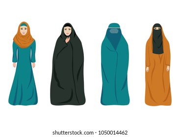 Set of muslim women in different clothes isolated on white. Color flat vector illustration