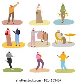 Set of muslim women doing different things and enjoying active lifestyle