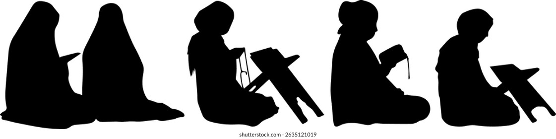 Set of Muslim Women Reading Quran, Islamic Silhouette Vector Collection. Perfect for use in Ramadan designs, Eid celebrations, Islamic educational materials, religious content, and more. 