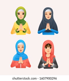 set of muslim women wearing hijab with different style and different facial expression vector illustration. use for avatar, mascot, logo and other