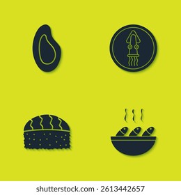 Set Mussel, Fish soup, Sushi and Octopus on a plate icon. Vector