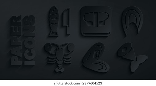 Set Mussel, Fish steak, Lobster, tail, Sushi on cutting board and with sliced pieces icon. Vector