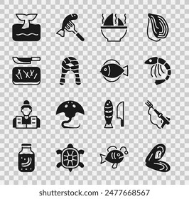 Conjunto de mejillón, arpón de pesca, camarones, sopa de aleta de tiburón, filete, tabla de cortar y cuchillo, cola de ballena ola oceánica e icono. Vector