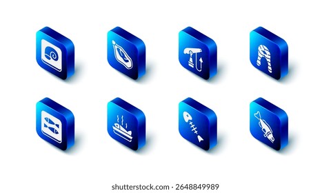 Set Mussel, Fishing harpoon, steak, skeleton, Served fish plate, Canned and Octopus icon. Vector