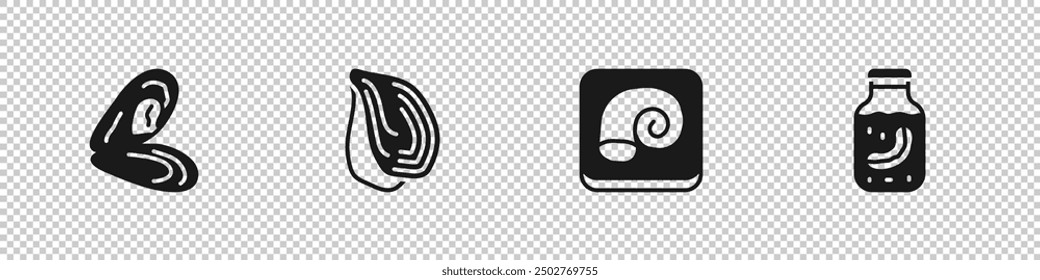 Set Mussel, , Octopus on a plate and Sea cucumber in jar icon. Vector