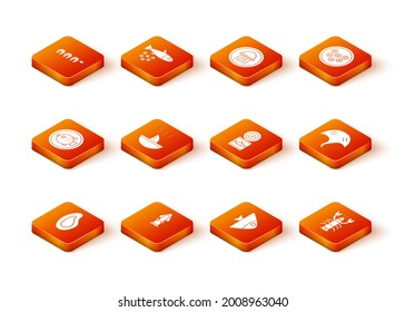 Set Mussel, Octopus, Puffer fish on a plate, Shark fin soup, Fish, Canned, Lobster and Stingray icon. Vector