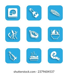 Echa mejillón, Pescado servido en un plato, pulpo de tentáculos, sopa de aleta de tiburón, arpón de pesca, algas marinas, filete e ícono. Vector