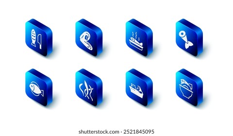 Set Mussel, Served fish on a plate, Fish tail, bowl, Fishing boat, Seaweed,  and with sliced pieces icon. Vector