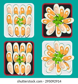 Set of mussel with shell on white and black dish in flat icon style, isolated vector food