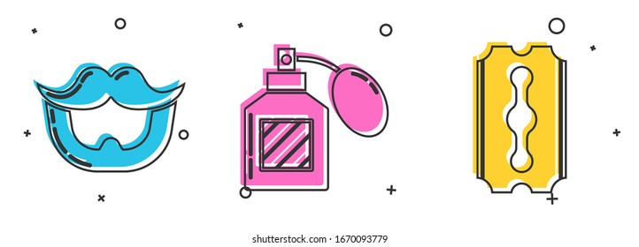 Set Mustache and beard, Aftershave and Blade razor icon. Vector