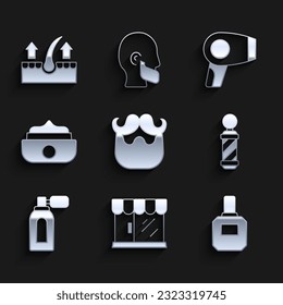 Set Mustache and beard, Barbershop building, Aftershave, Classic pole, with atomizer, Gel or wax for hair styling, Hair dryer and Human follicle icon. Vector