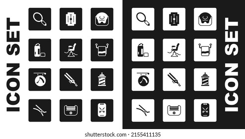 Set Mustache and beard, Barbershop chair, Shaving gel foam, Hand mirror, Towel on hanger, Blade razor, pole and with icon. Vector