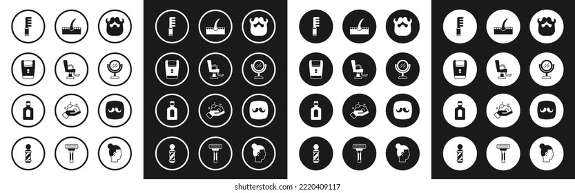 Set Mustache and beard, Barbershop chair, Electric razor blade, Hairbrush, Hand mirror, Human follicle,  and Bottle of shampoo icon. Vector