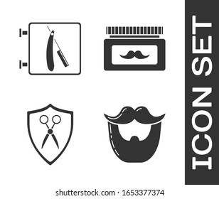 Set Mustache and beard, Barbershop with razor, Scissors hairdresser and shield and Cream or lotion cosmetic jar icon. Vector