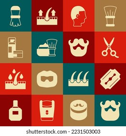 Set Mustache and beard, Blade razor, Scissors hairdresser, Hairstyle for men, Shaving brush with foam, gel,  and  icon. Vector