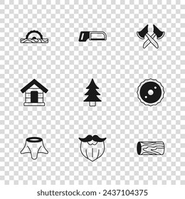 Set Mustache and beard, Circular saw blade, Wooden log, Tree, axe, Electric circular, Hacksaw and Dog house icon. Vector