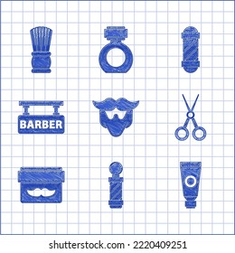 Set Mustache and beard, Classic Barber shop pole, Cream or lotion cosmetic tube, Scissors hairdresser, jar, Barbershop,  and Shaving brush icon. Vector