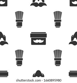 Set Mustache and beard, Cream or lotion cosmetic jar and Shaving brush on seamless pattern. Vector