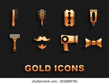 Fijar Mustache y barba, Tubo cosmético de crema o loción, Corbata Bow, Secador de pelo, Almohadilla, Baviera, Pincel de pelo e ícono. Vector