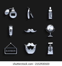 Ponga Mustache, y barba, tubo cosmético crema o loción, espejo de mano, Barbershop, afeitador eléctrico para el cabello, botella de vidrio con pipeta e ícono de afeitar. Vector