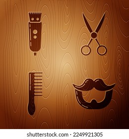 Set Mustache and beard, Electrical hair clipper or shaver, Hairbrush and Scissors hairdresser on wooden background. Vector